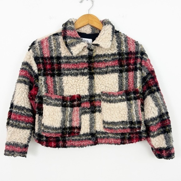 Zara Kids Girls Red Cream Check Teddy Oversized Plaid Jacket Size 11/12